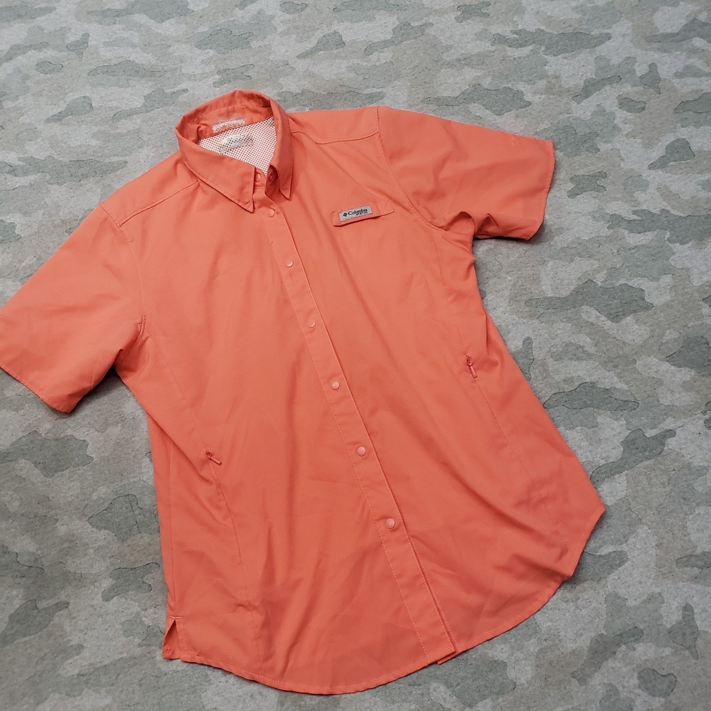 Columbia PFG Top Womens Small Pink Pockets Snap Up Short Sleeve Fishing Outdoors